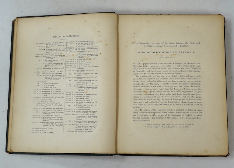 Fitton, William Henry - Observations On Some of the Strata Between the Chalk and Oxford Oolite, in the South-East of England, 4to, contemporary green cloth, with 5 hand-coloured engraved maps and charts (4 folding), 14 e